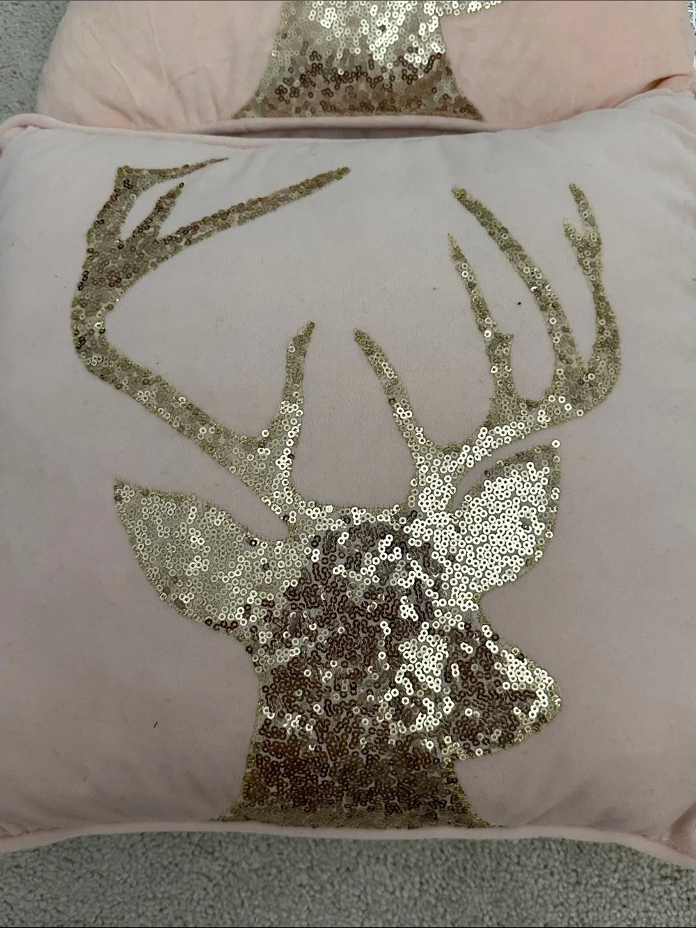 Pink Velvet Holiday Pillow with Gold Sequin Reindeer - Home Holiday